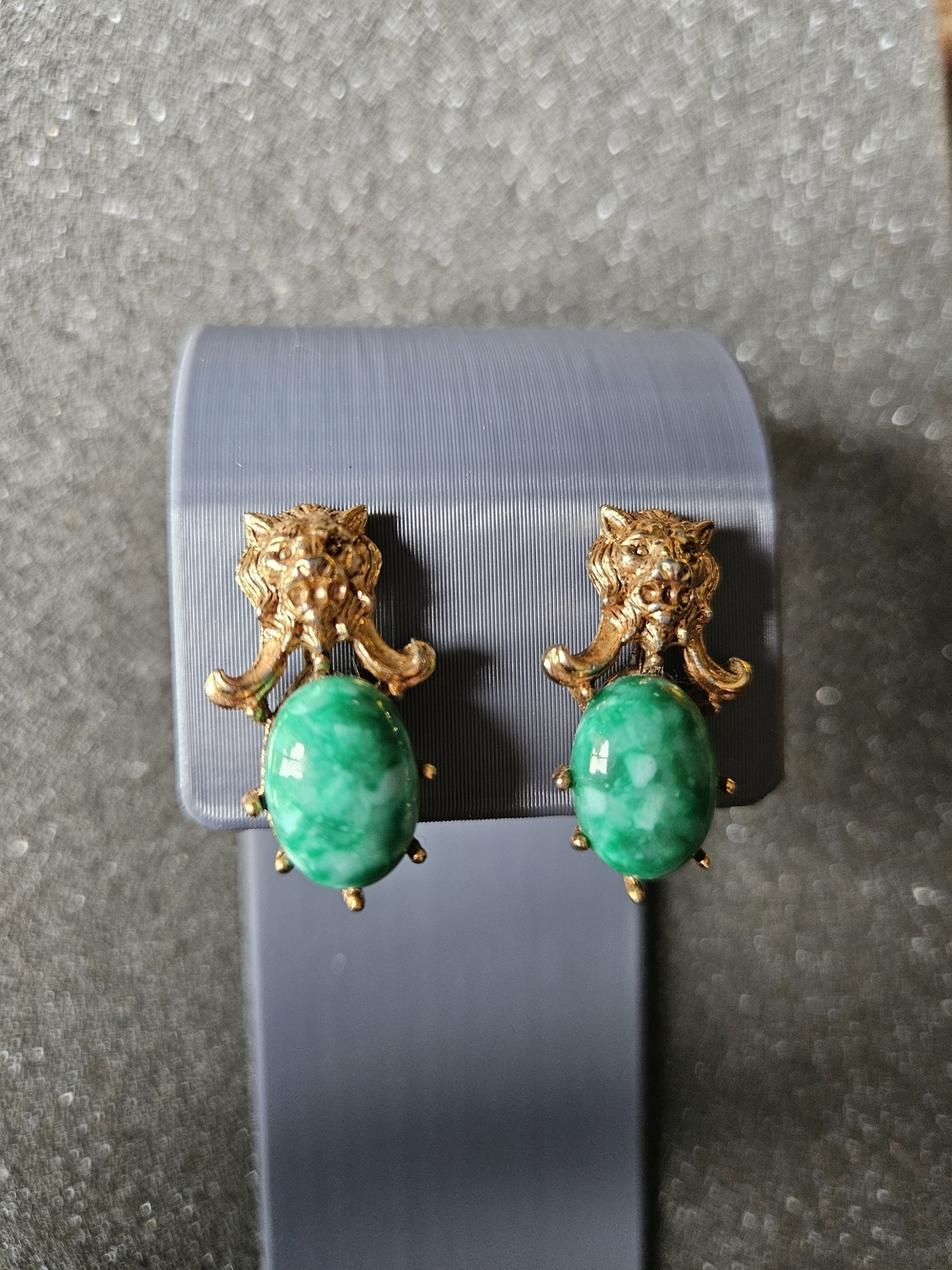 Vintage Gold Tiger Head Earrings with Green Oval Stones. Rare Find.